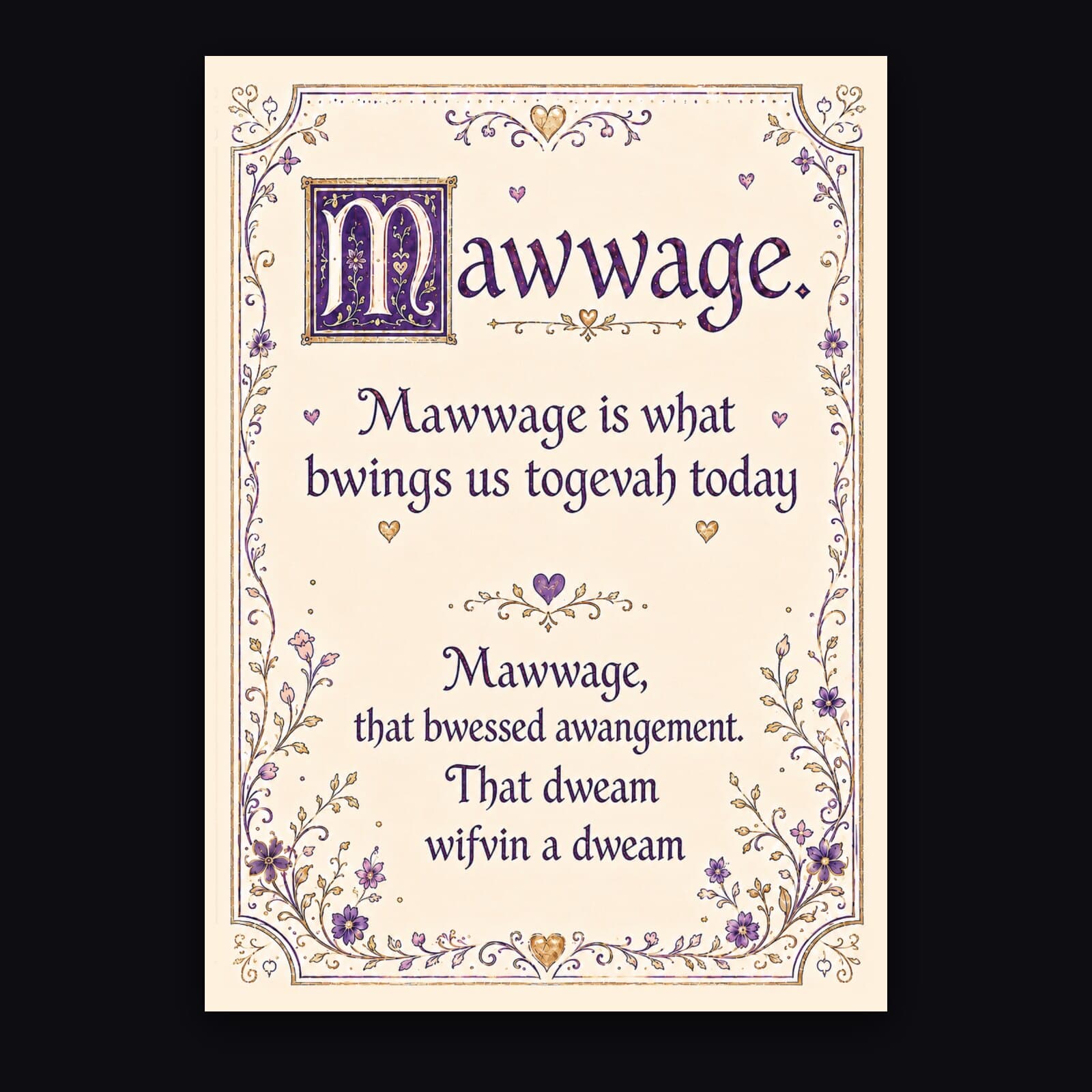 Mawwage wedding card, front: an illuminated M and the words Mawwage is what bwings us togevah today, in violet and gold with a floral border